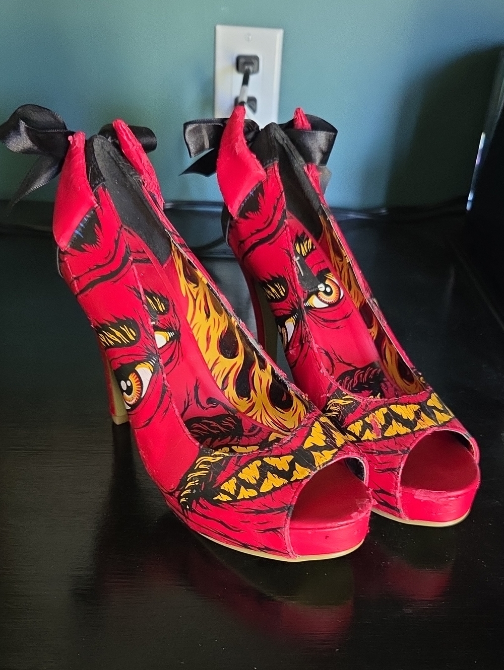 Red Graphic Peep-Toe High Heels - Designer Style Iron Fist Devil Heels